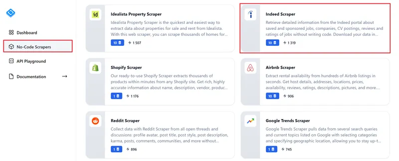No-code Scrapers page
