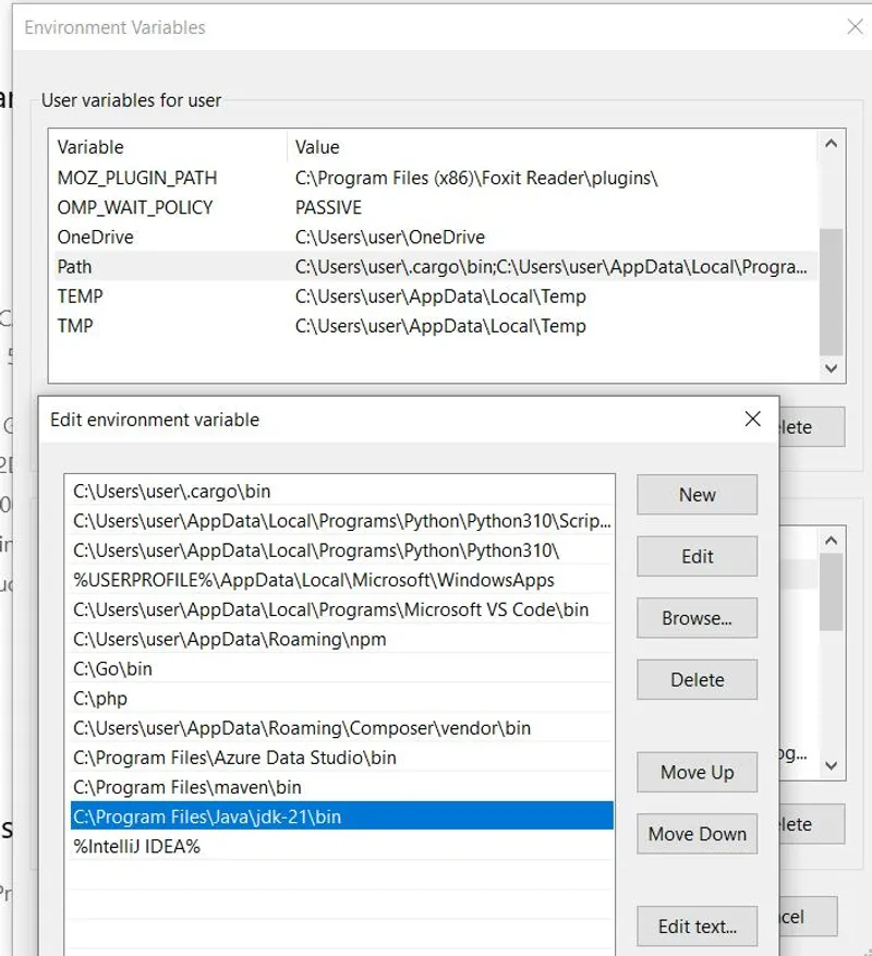 A screenshot demonstrating the process of adding the bin directory of the extracted Maven folder to the system's PATH environment variable.