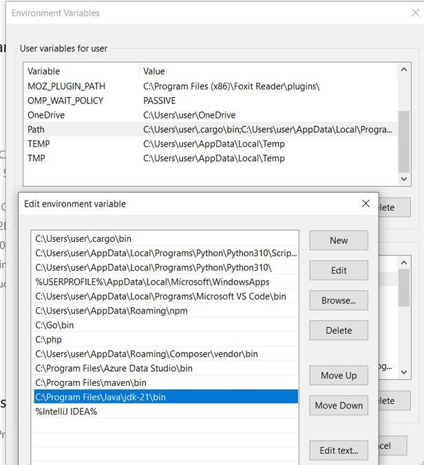 A screenshot demonstrating the process of adding the bin directory of the extracted Maven folder to the system's PATH environment variable.