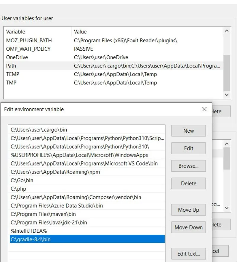 A screenshot illustrating the process of adding the bin directory of the extracted Gradle folder to the system's PATH environment variable