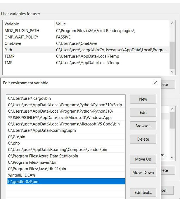 A screenshot illustrating the process of adding the bin directory of the extracted Gradle folder to the system's PATH environment variable