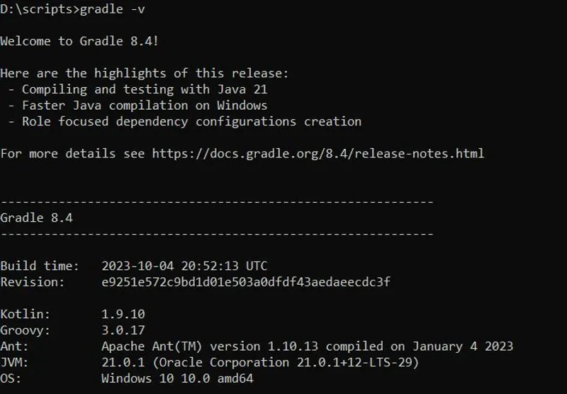 The image displays the result of the 'gradle -v' command, providing details about the installed Gradle version and related information