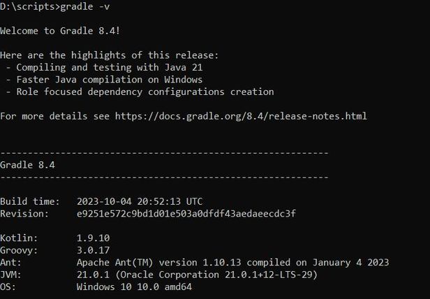 The image displays the result of the 'gradle -v' command, providing details about the installed Gradle version and related information