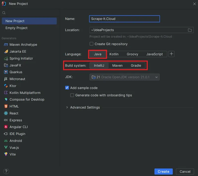 Creating a new Java project in IntelliJ IDEA and choosing the build system for seamless development