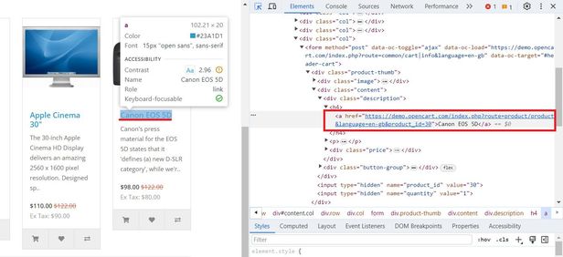Image illustrating the process of finding CSS selectors for titles and links using DevTools.