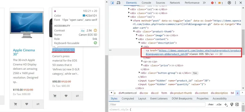 Image illustrating the process of finding CSS selectors for titles and links using DevTools.