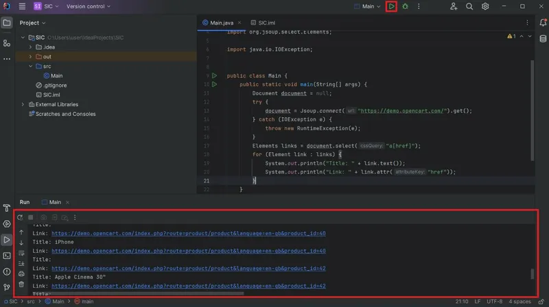 Output in IntelliJ IDEA showcasing the successful extraction of Titles and Links from a web page using Java web scraping