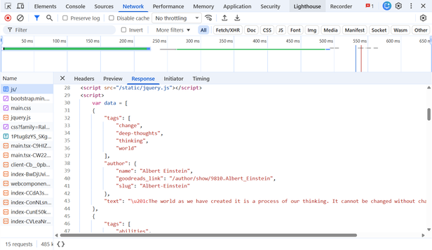 Chrome DevTools Network tab, showing JS script with data
