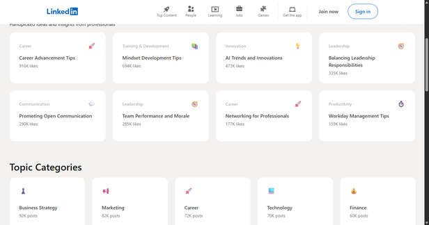 LinkedIn Top Content hub with Editor's Picks cards and Topic Categories