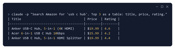 Terminal window where a one-line question asks for the top three Amazon results for usb c hub, answered with a three-row table of title, price and rating
