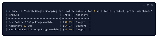 Terminal window where a one-line question asks for the top three Google Shopping results for coffee maker, answered with a three-row table of product, price and merchant