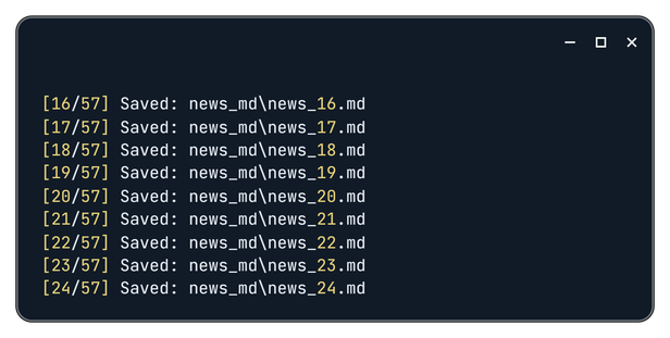Terminal output showing progress while scraping and saving Google News articles to markdown files