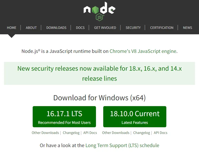 Available Node.js versions