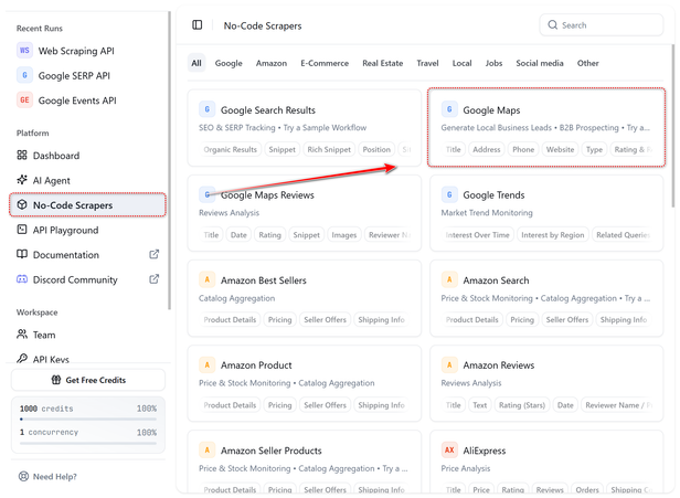 HasData dashboard, No-Code Scrapers list with the Google Maps card highlighted among Google Search Results, Google Maps Reviews and Amazon scrapers