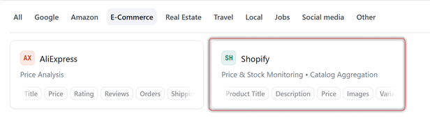 The No-Code Scrapers category tabs with E-Commerce selected, showing AliExpress and Shopify, and the Shopify card outlined