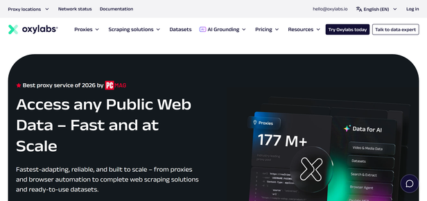 The Oxylabs home page, a heading about accessing public web data at scale next to a panel showing the size of its proxy pool