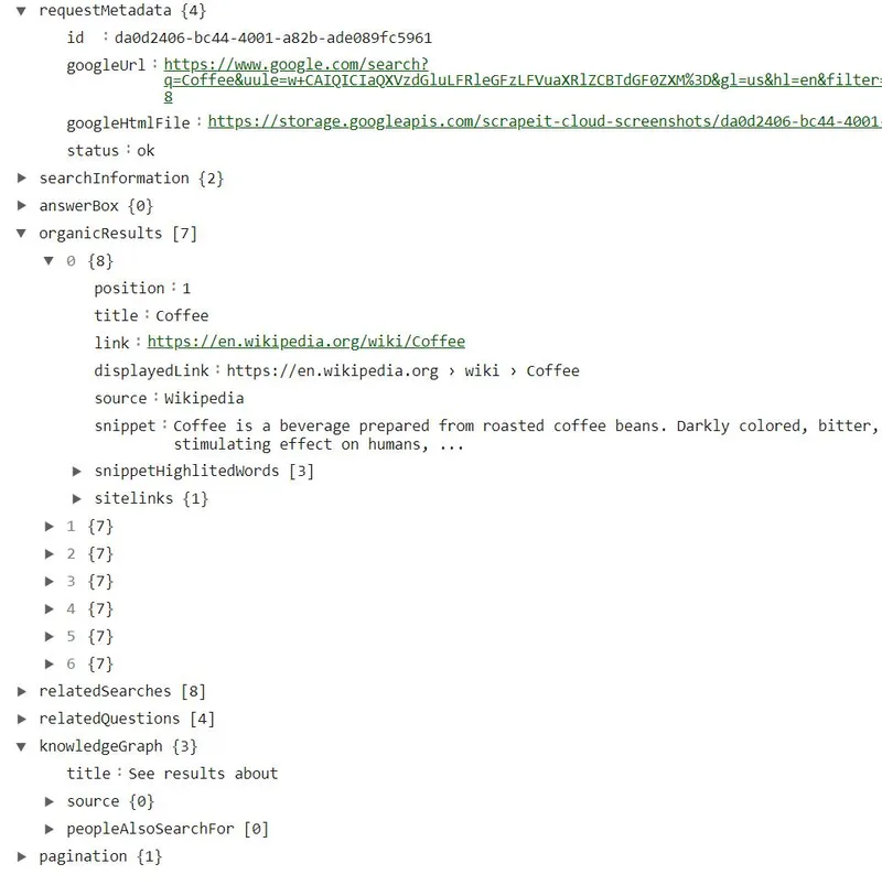 The SERP API response is a JSON object that contains the data needed to check a website's ranking on a search engine results page (SERP). The JSON object includes the organicResults attribute, which contains the URLs of the websites that are ranked for the search term. In addition to the organicResults attribute, the JSON object may also include other relevant data.