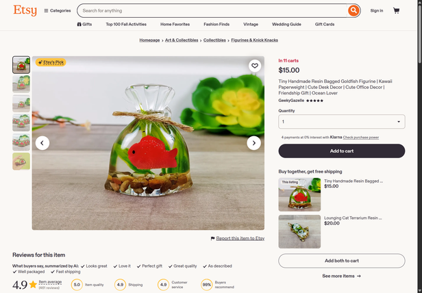 Etsy listing page showing the title, price, shop name and rating above the image gallery