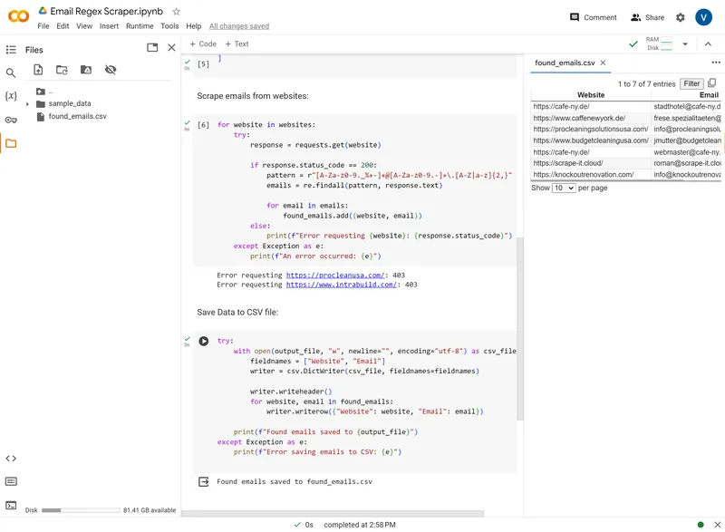 Test the Python Script for scraping emails using regex in Colab Research