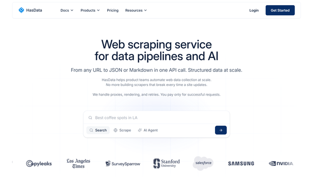 HasData homepage with the headline Web scraping service for data pipelines and AI and a Search, Scrape, AI Agent box