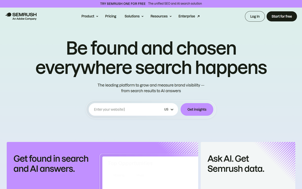 Semrush homepage with the headline Be found and chosen everywhere search happens and a website input box