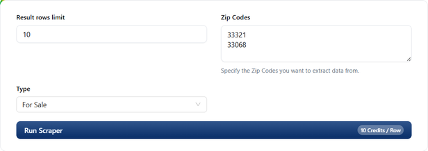 Redfin Property scraper form with the rows limit at ten, two ZIP codes, and For Sale as the listing type