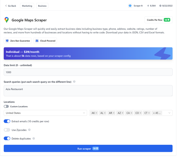 This image shows how to get restaurant emails from the Google Maps no-code scraper. To do this, go to the Scrape-It.Cloud website and sign in. Then, go to the Scrapers page and find the Google Maps no-code scraper. On the settings page, specify all the necessary parameters and make sure to check the box next to Extract Emails. You can specify any keyword, and localize your request, and then run the scraper.