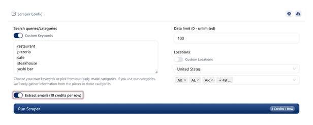 The Google Maps no-code scraper config filled for restaurants, with the keywords restaurant, pizzeria, cafe, steakhouse and sushi bar, a 100-row data limit, US locations, and the Extract emails toggle switched on and highlighted