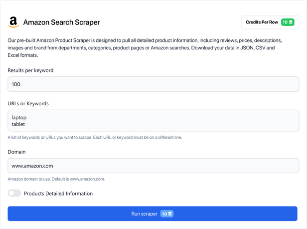 Amazon Product Scraper page