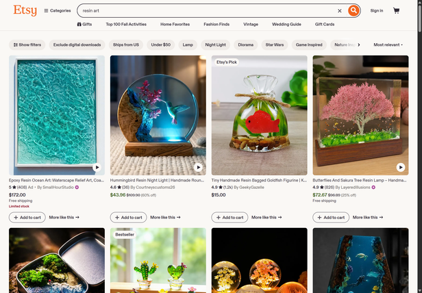Etsy search results page for a keyword, showing product cards with title, price, rating and shop name, one of them discounted with the original price struck through