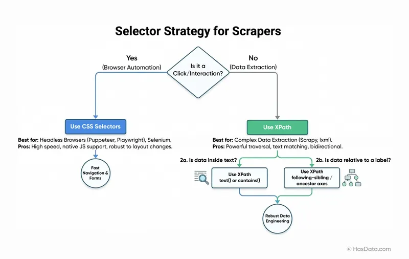 A flowchart illustrating the selector strategy for scrapers, guiding the choice between CSS Selectors for browser automation/clicks and XPath for data extraction based on the task and data structure.