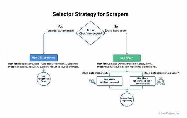 A flowchart illustrating the selector strategy for scrapers, guiding the choice between CSS Selectors for browser automation/clicks and XPath for data extraction based on the task and data structure.