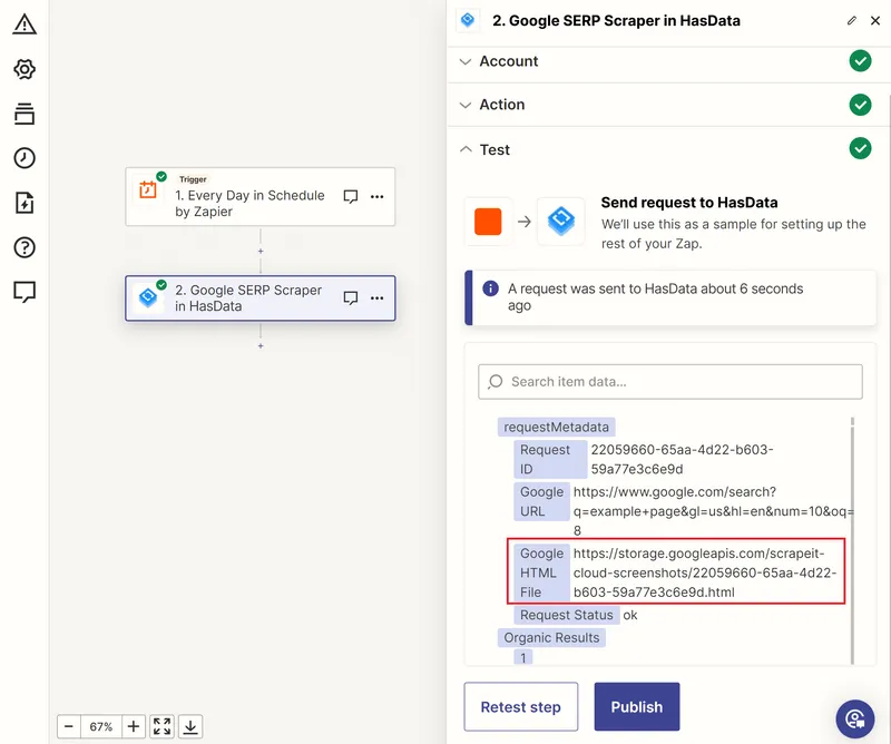 This image shows a Zapier automation that uses HasData's SERP API to track the SERP history for a specific keyword.