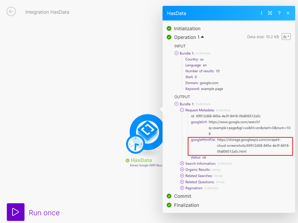A screenshot of a Make workflow that includes a step to scrape SERP history for keywords.