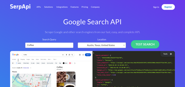 The SerpApi home page, a Google Search API heading over a live demo with a search query and a location filled in, and below it a Google results page next to the JSON the API returns for it