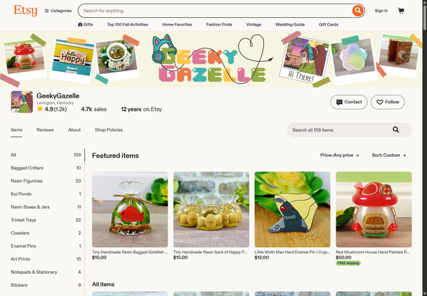 Etsy shop page showing the shop name, location, rating and sales count above the category sidebar and the featured items grid
