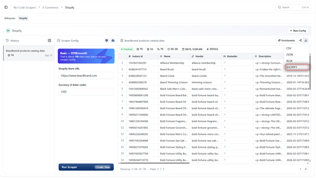 Download menu of the Shopify scraper results with four formats, the SHOPIFY option highlighted