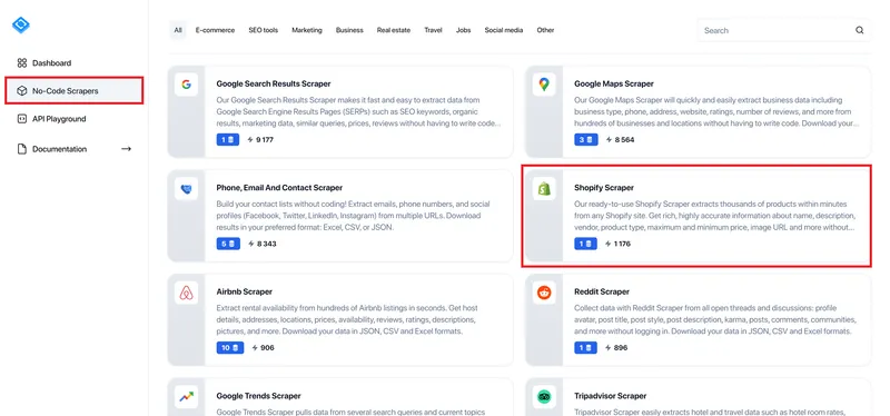 Find Shopify no-code scraper