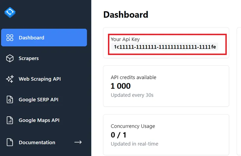 HasData Dashboard with API Key