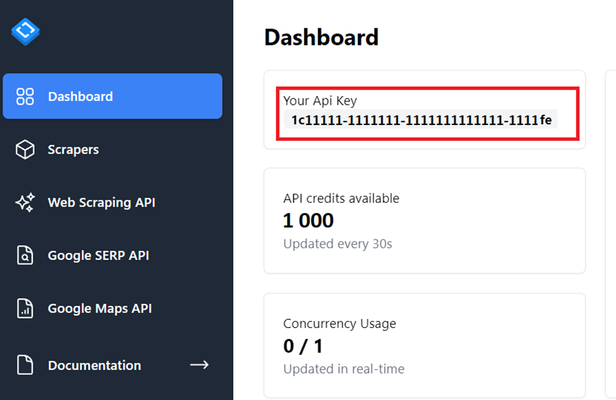 HasData Dashboard with API Key