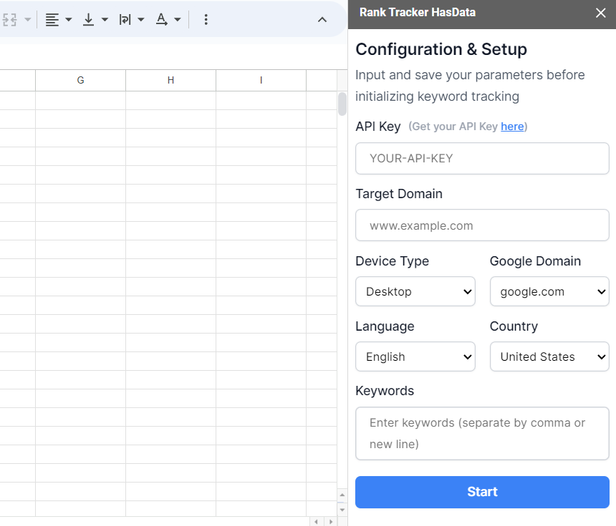 Rank Checker side menu with settings
