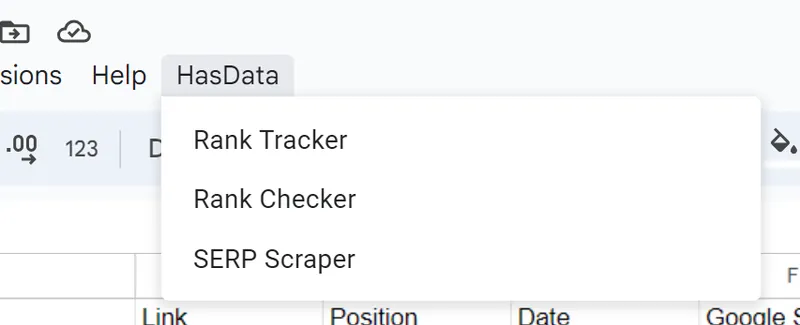 Additional menu with three functions: Rank Tracker, Rank Checker, and SERP Scraper