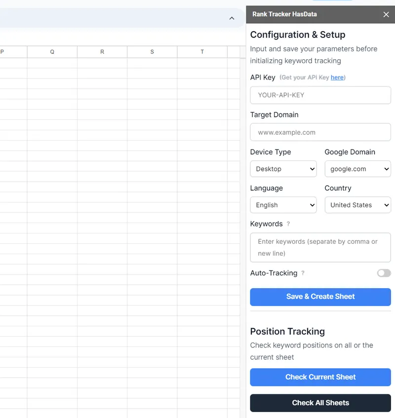 Rank Tracker side menu with settings