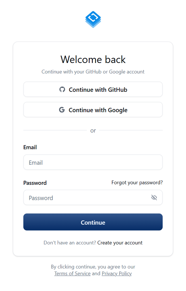 HasData sign-in form with email and password fields, GitHub and Google sign-in options, and the Continue button