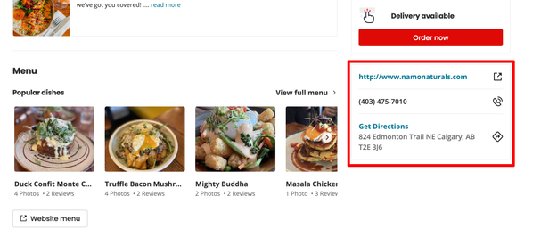 Site link, phone number and address on the business page