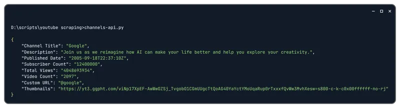 YouTube channel API example