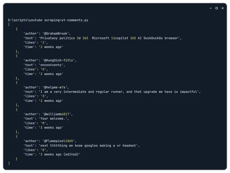 YouTube comments scraping example