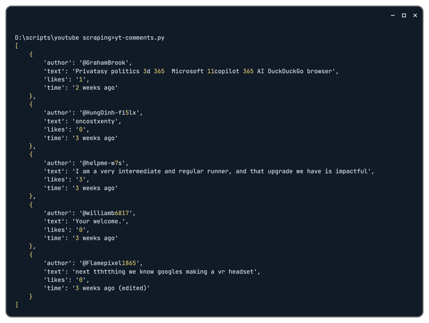 YouTube comments scraping example