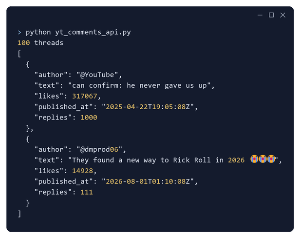 Console output of the comment threads script, a hundred threads reported and the first two printed with author, text, like count, publication timestamp and reply count