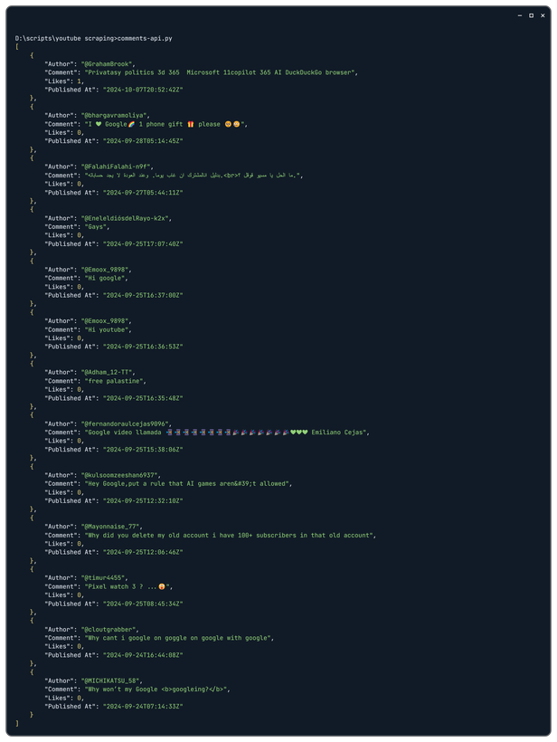 YouTube comments API example